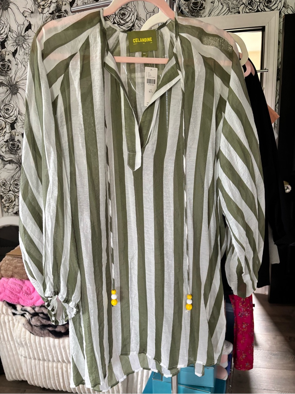 Celandine Olive and White Striped Swim Coverup Tunic